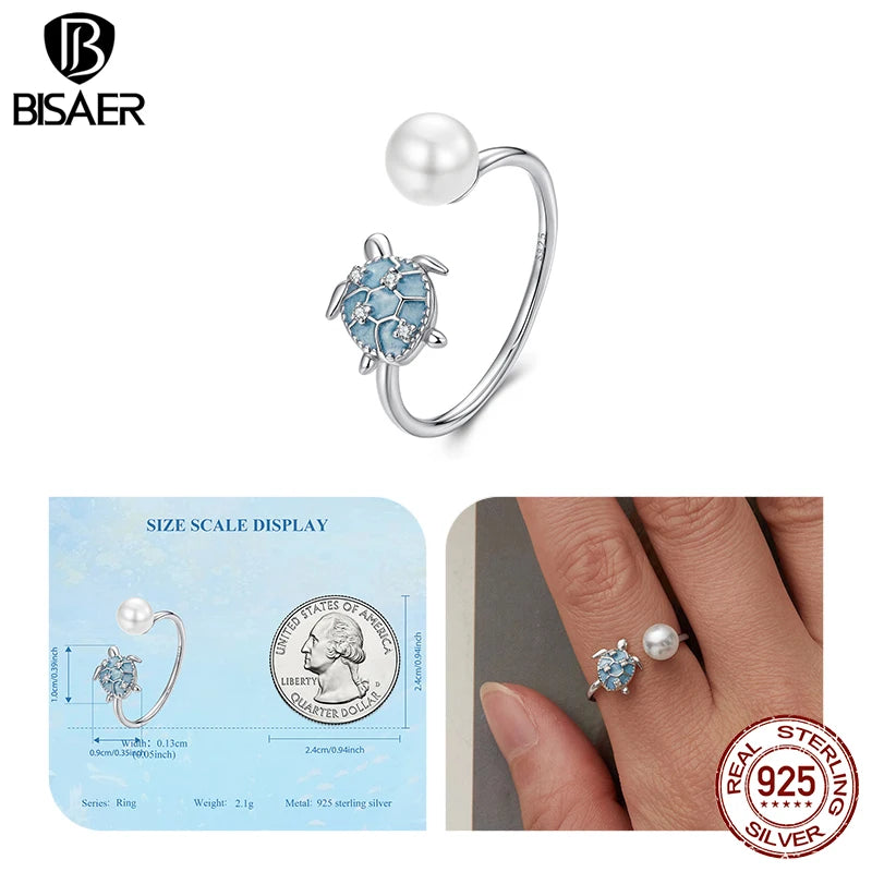 BISAER 925 Sterling Silver Ocean Animal Open Ring Starfish Pearl Conch Turtle Pearl Band for Women Party Jewelry Holiday Gift
