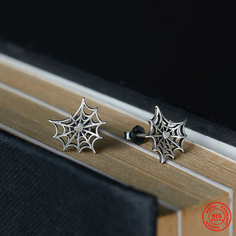 MKENDN Neo-Gothic Style 100% 925 Sterling Silver Creative Retro Spider Web Stud Earrings Personality Minimalist Ear Jewelry
