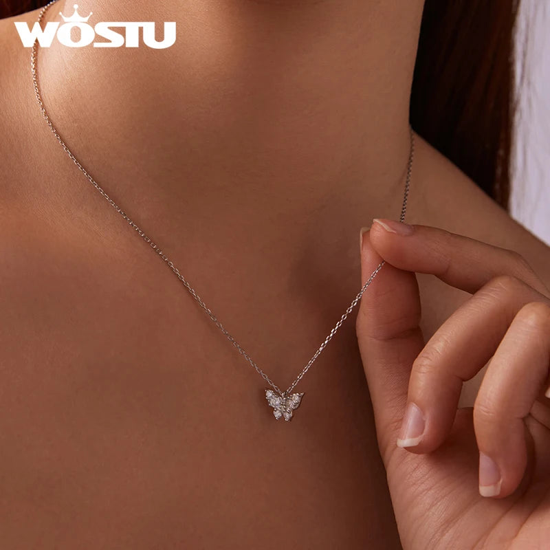 WOSTU Butterfly Moissanite Necklace For Women, 925 Sterling Silver Diamond Cut moissanite Wedding Jewelry Party Valentine's Gift