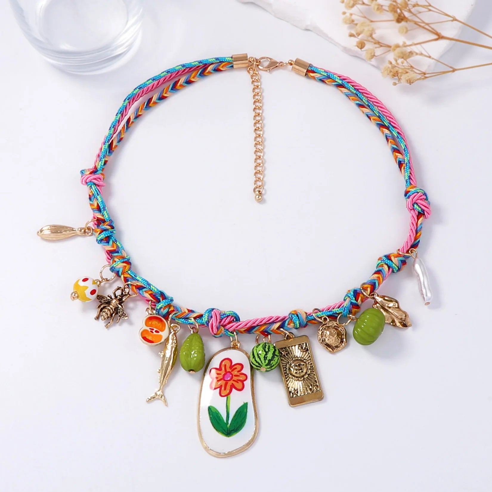 Summer Colored Hand Woven Rope Alloy Flower Fruit Pendant Necklace
