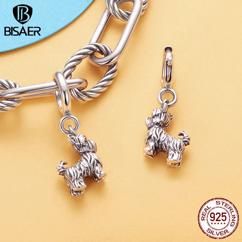 BISAER 925 Sterling Silver Yorkshire Terrier Locket Charm Pomeranian Elephant Hamster Pendant for Women DIY Bracelet Jewelry