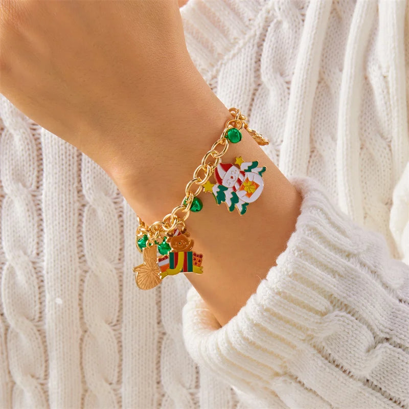 Fröhliche Weihnachten! Metallarmband mit Kette für Damen und Herren, Weihnachtsmann, Weihnachtsbaum, Schneeflocke, Elch, Schneemann – Armreifen für Mädchen, Partyschmuck, Geschenkidee