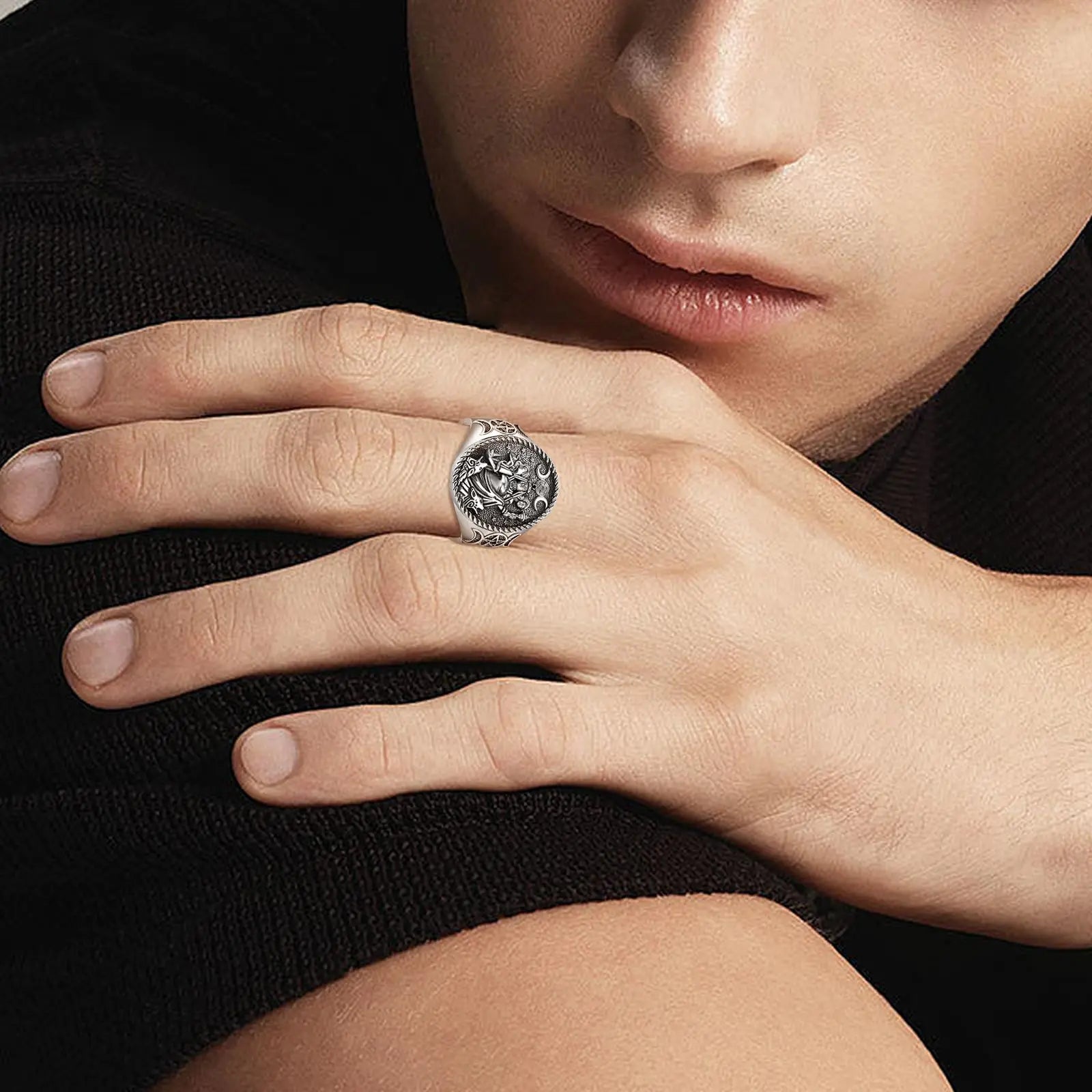 Eudora 925 Sterling Silver Triple Moon Goddess Adjustable Ring Dog Hecate Amulet Ring Triple Goddess Jewelry for Women Man Gift