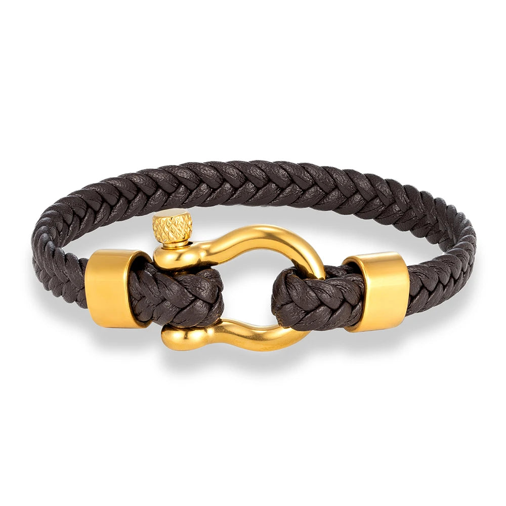 MKENDN Gold Color Stainless Steel Shackle Bracelet Simple Lucky Red Braided Leather Bracelets for Men Women Handmade Jewelry