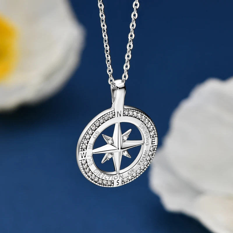 OXTAO 925 Sterling Silver Compass Pendant Necklace 1.0mm Cubic Zirconia Ladies Clavicle Chain Necklace Birthday Party Gifts