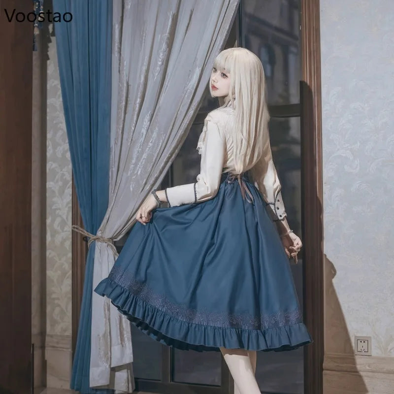 Vintage Elegant Lolita Dress Set Women Sweet Princess Bow Lace Ruffle Shirt Y2k Slim Skirt 3 Piece Set Punk Gothic Party Outfits