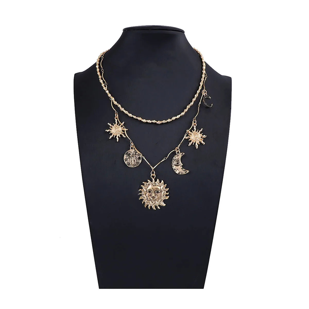 ZAA Personalized Retro Trendy Alloy Sun Moon Pendant Double Layer Necklace