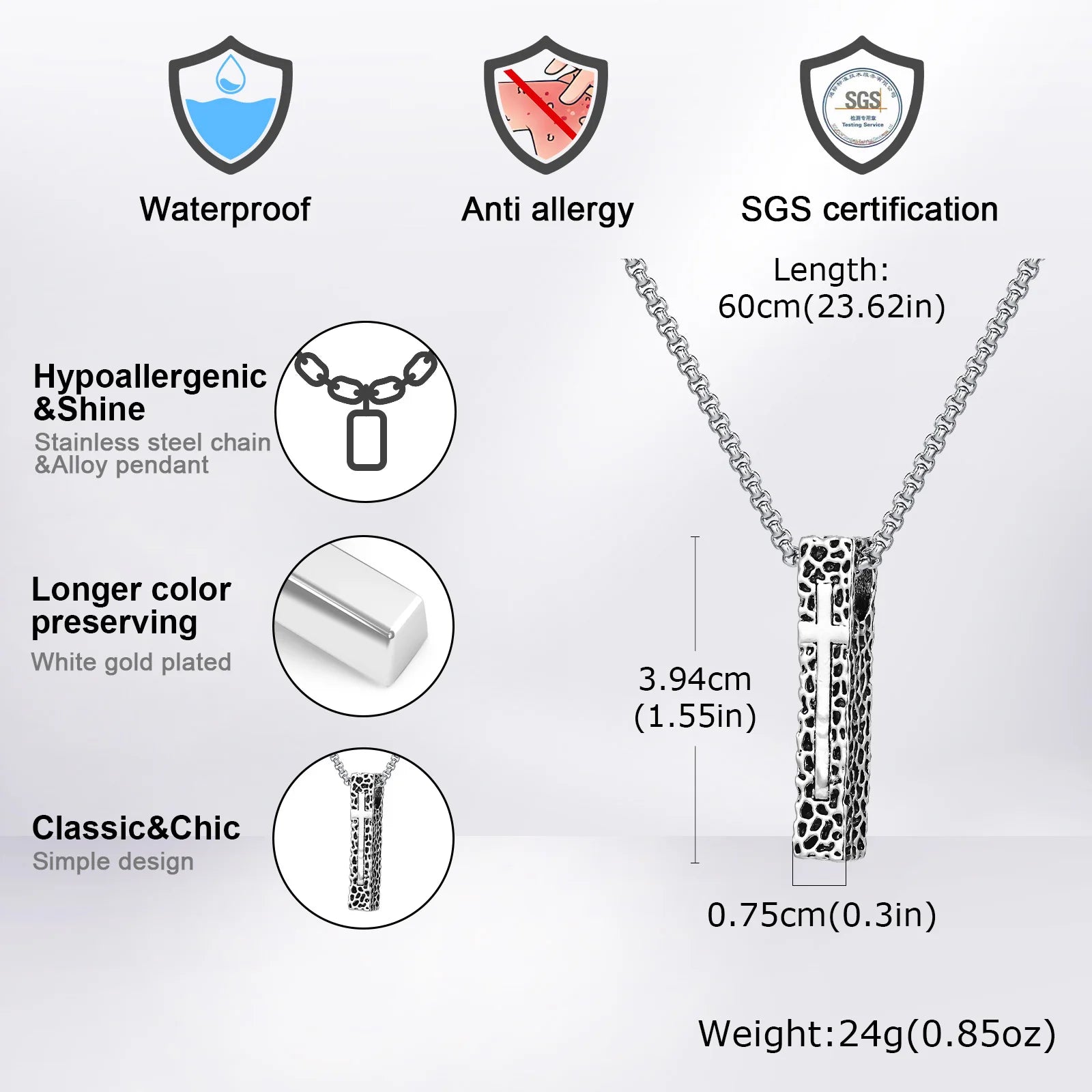 Collier pendentif croix en forme de pilier Vnox, collier unisexe à barre rectangulaire, bijou religieux tendance pour homme et femme
