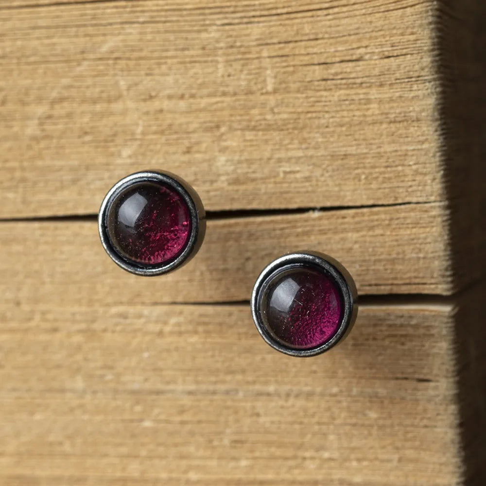 MKENDN New 100% 925 Sterling Silver Earrings Men Women Vintage Round Stud Earrings With Wine Stone Personality Jewelry