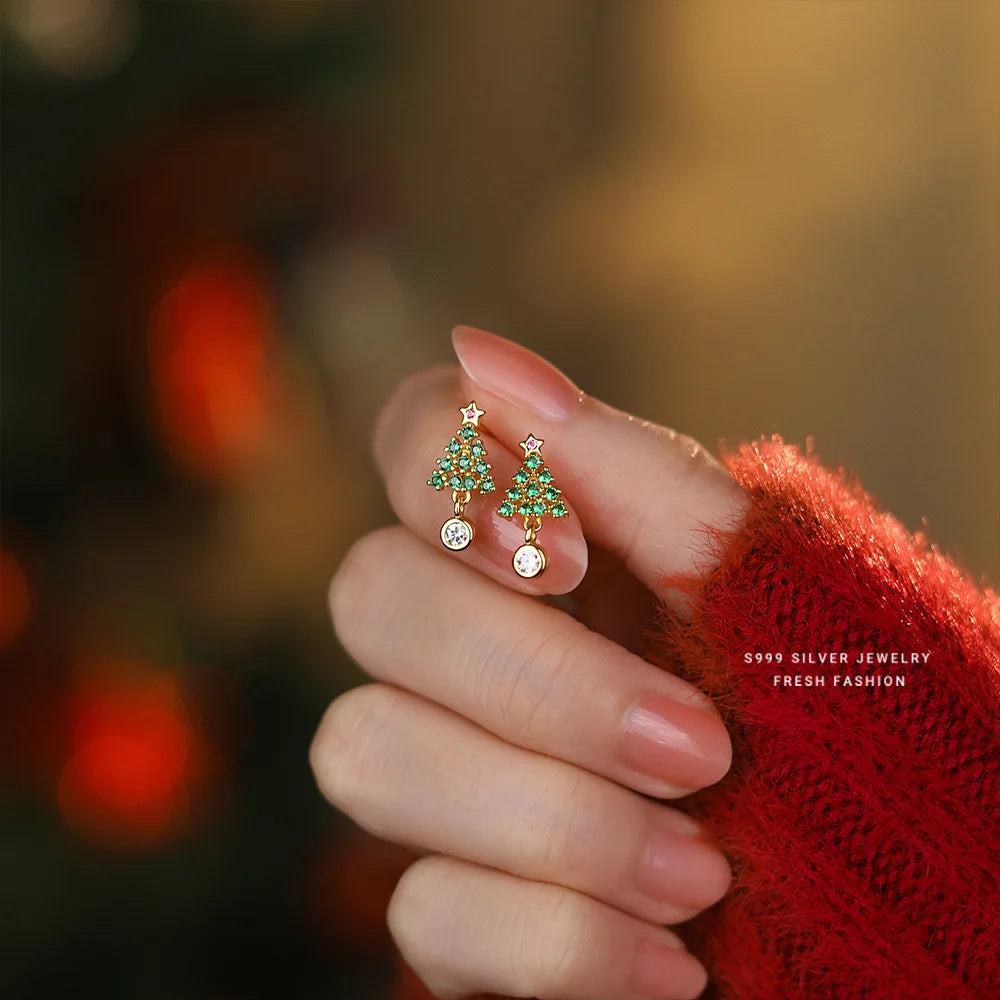 999 Sterling Silver Fashion Green Zircon Christmas Tree Stud Earrings for Women  Exquisite Christmas Jewelry Accessories