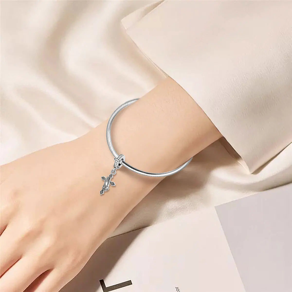 Eudora 925 Sterling Silver Vintage Cross Prayer Hands Pendant Necklace DIY Zircon Christianity Religious Jewelry for Women Men