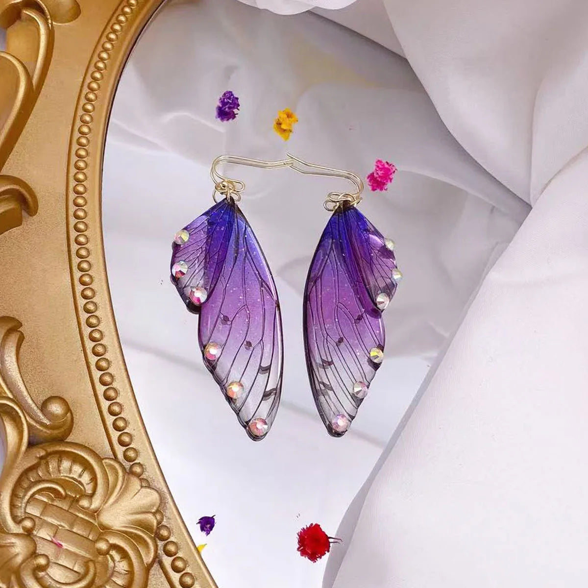 Minar Fairy Clear Gradient Resin Simulation Wings Butterfly Rhinestone Flake Long Dangle Earrings for Women Casual Party Jewelry