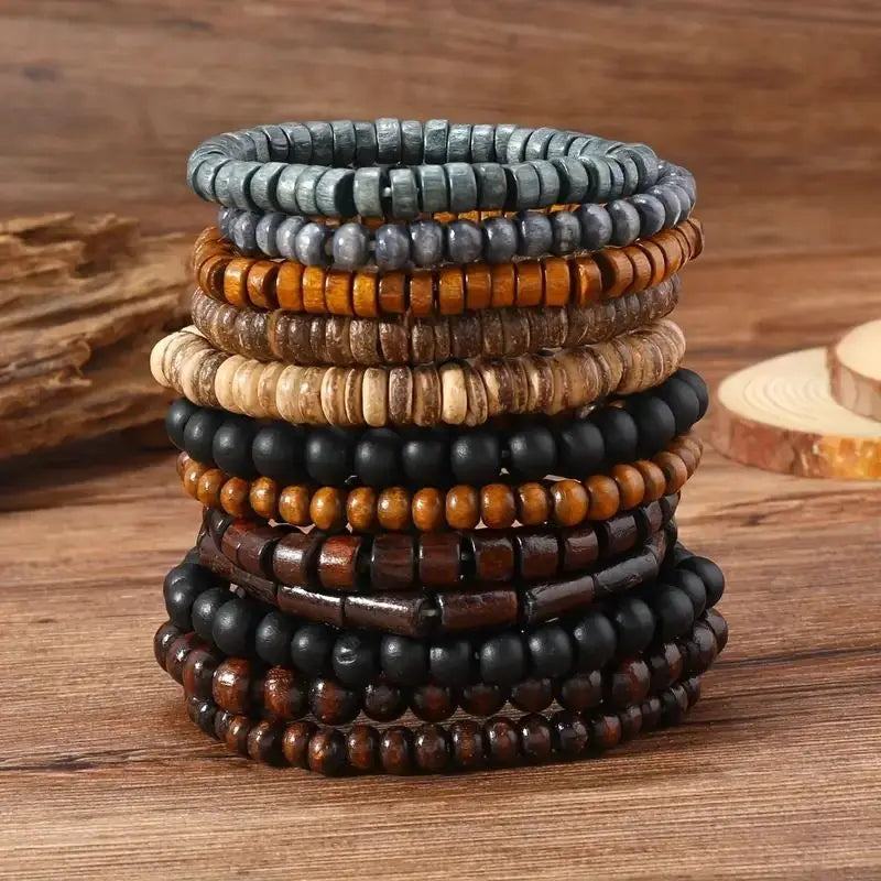 24pcs/set Men's Retro Trendy Multi-layer Bracelet Set, Versatile Elastic Thread Wooden Bead Bracelet
