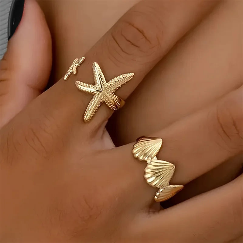 Bohemia Starfish Ring Set for Women Gold Color Sun Sea Shell Geometric Opening Adjustable Finger Rings Vacation Beach Jewelry