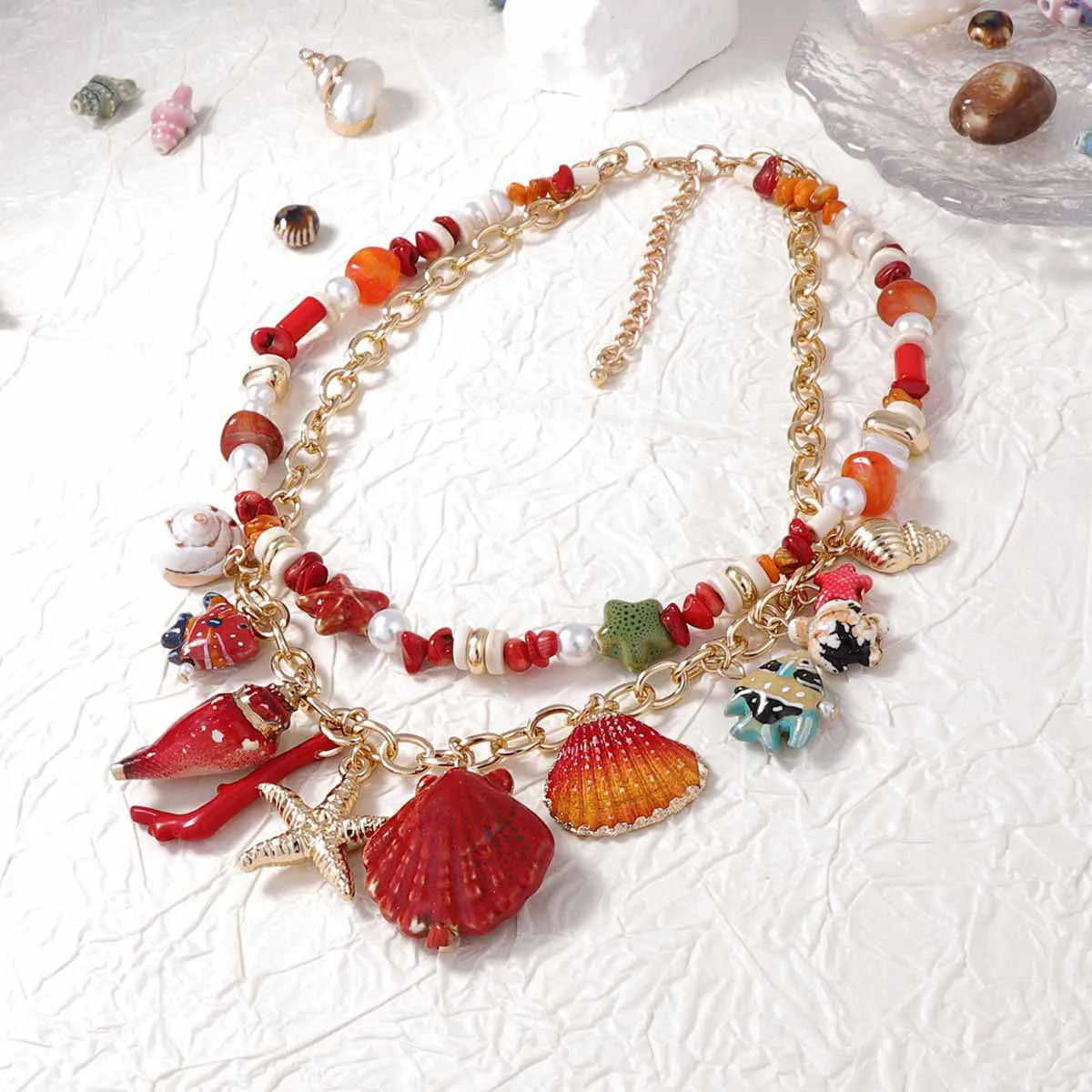 Ocean Vacation Style Creative Design Scallop Conch Pendant Double-layer Necklace