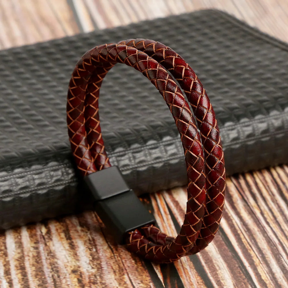 New Men's Genuine Leather Bracelet Vintage Hand Woven Leather Cord Magnetic Buckle Bracelet Lover Gift