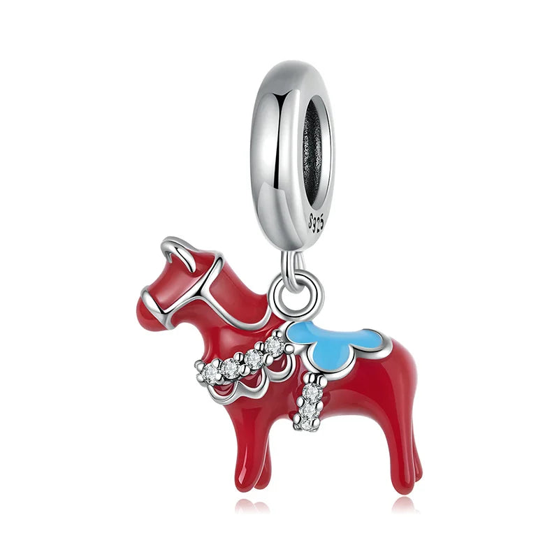 WOSTU 925 Sterling Silver Red Dalarna Horse Pendant Animal Charm Fit DIY Bracelet Necklace Women Family Daughter Jewelry Gift