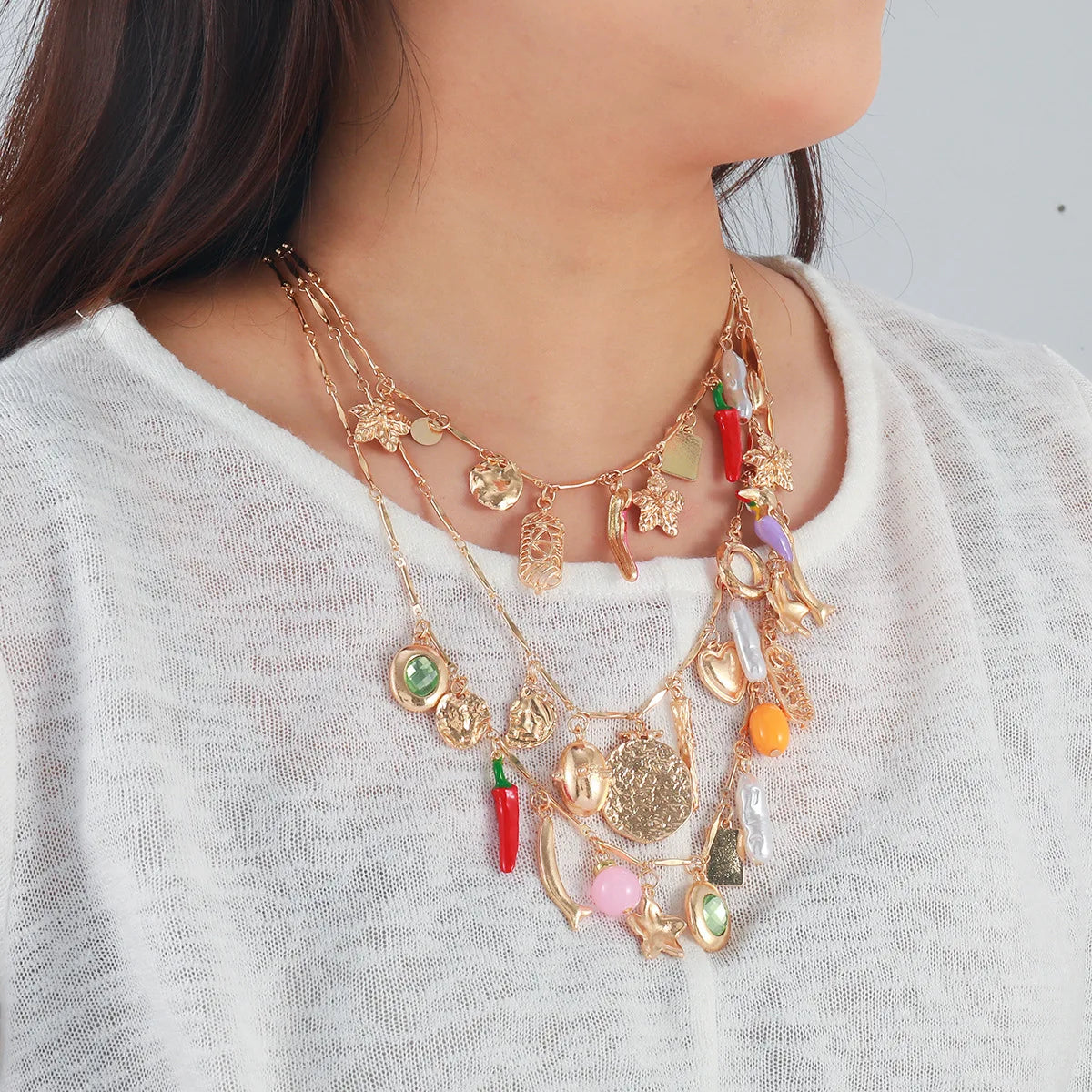 ZAA Chili Imitation Pearl Multi-layer Flower Starfish Cute Necklace