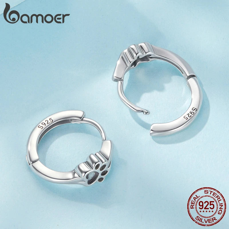 BAMOER Solid 925 Sterling Silver Pet Paw Hoop Earrings for Women Teens Pawprint Huggie Earrings Hoop SCE1885