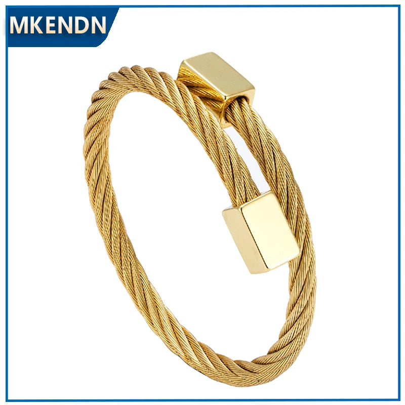 MKENDN Luxury Style Non-fading Cuff Bangle Stainless Steel Twisted Elastic Cable Bracelet Men Women Jewelry Street Gifts - Madeinsea©