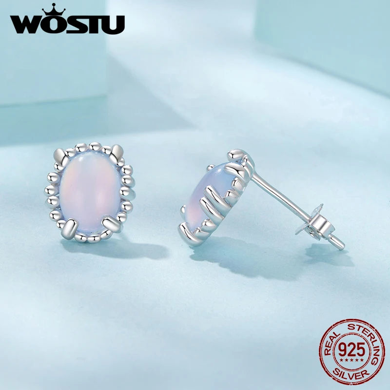 WOSTU 925 Sterling Silver Oval Cut Opalescent Stud Earrings For Women Rainbow Cyrstal Ear STuds Loverly Jewelry Gift CQE1911