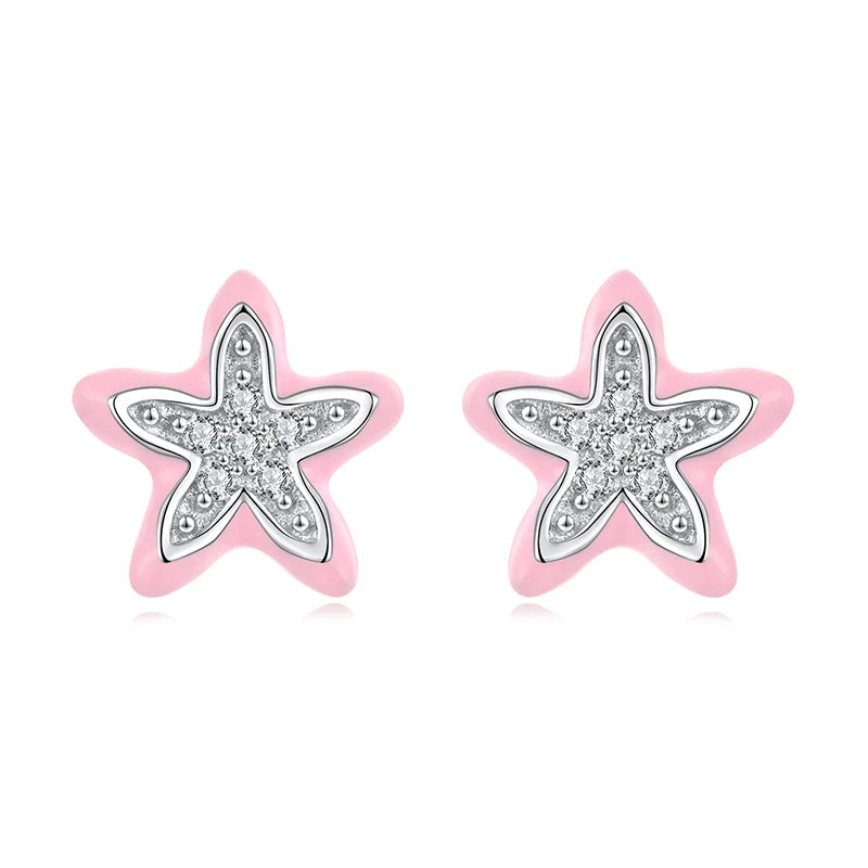 WOSTU 925 Sterling Silver Pink Enamel Floral Star Stud Earrings, AAA Shiny zircon Pink Starfish Ear Studs Cute Gift for Girl