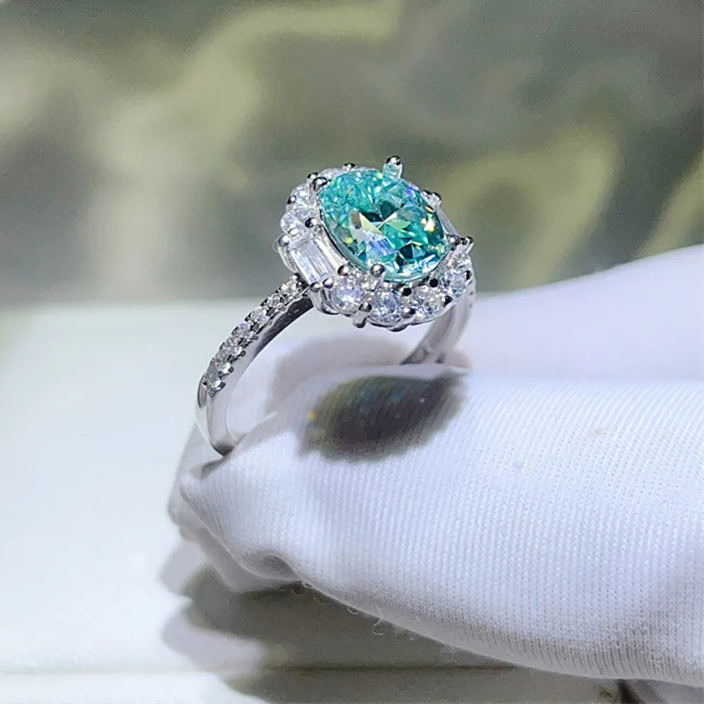 Serenity 1ct 2ct Paraiba Green Moissanite Rings for Women 100% S925 Sterling Silver Bands Plated 18K Diamond Rings Fine Jewelry