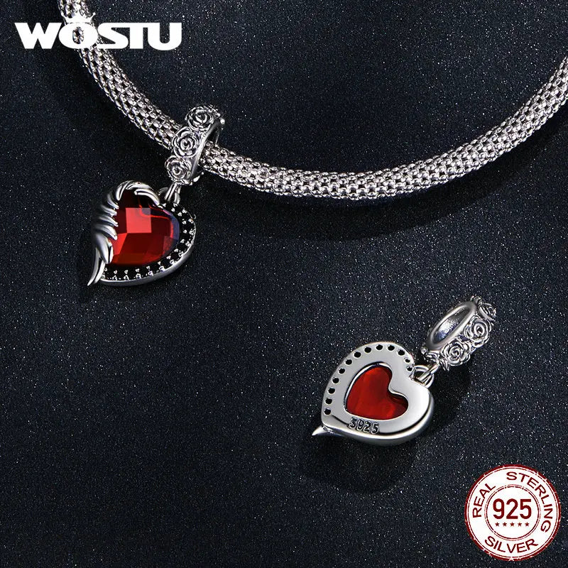 WOSTU 925 Sterling Silver Halloween Collection Red Rose Flower Skull Charms Black CZ Witch Bat Bead fit DIY Bracelet Bangle Punk