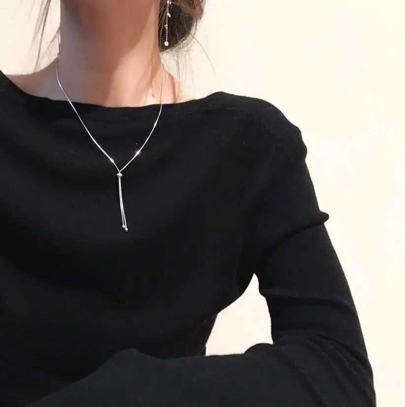 Real 925 Sterling Silver Choker Necklace Box Chain Beads Tassel Necklace For Women Wedding Party Jewelry DA2553