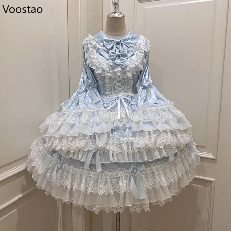 Victorian Vintage Lolita OP Dress Women Kawaii Cute Bow Lace Ruffle Flower Wedding Dress Japanese Elegant Princess Party Dresses