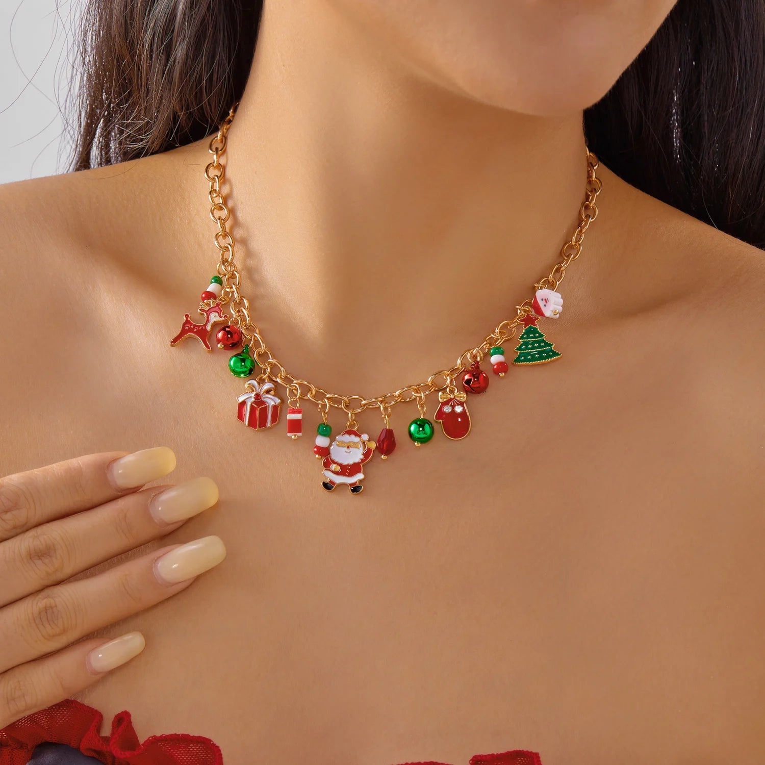 Christmas Metal Chain Necklace For Women Girls Santa Claus Snowman Bell Elk Wreath Pendant Clavicle Choker Party New Year Gifts