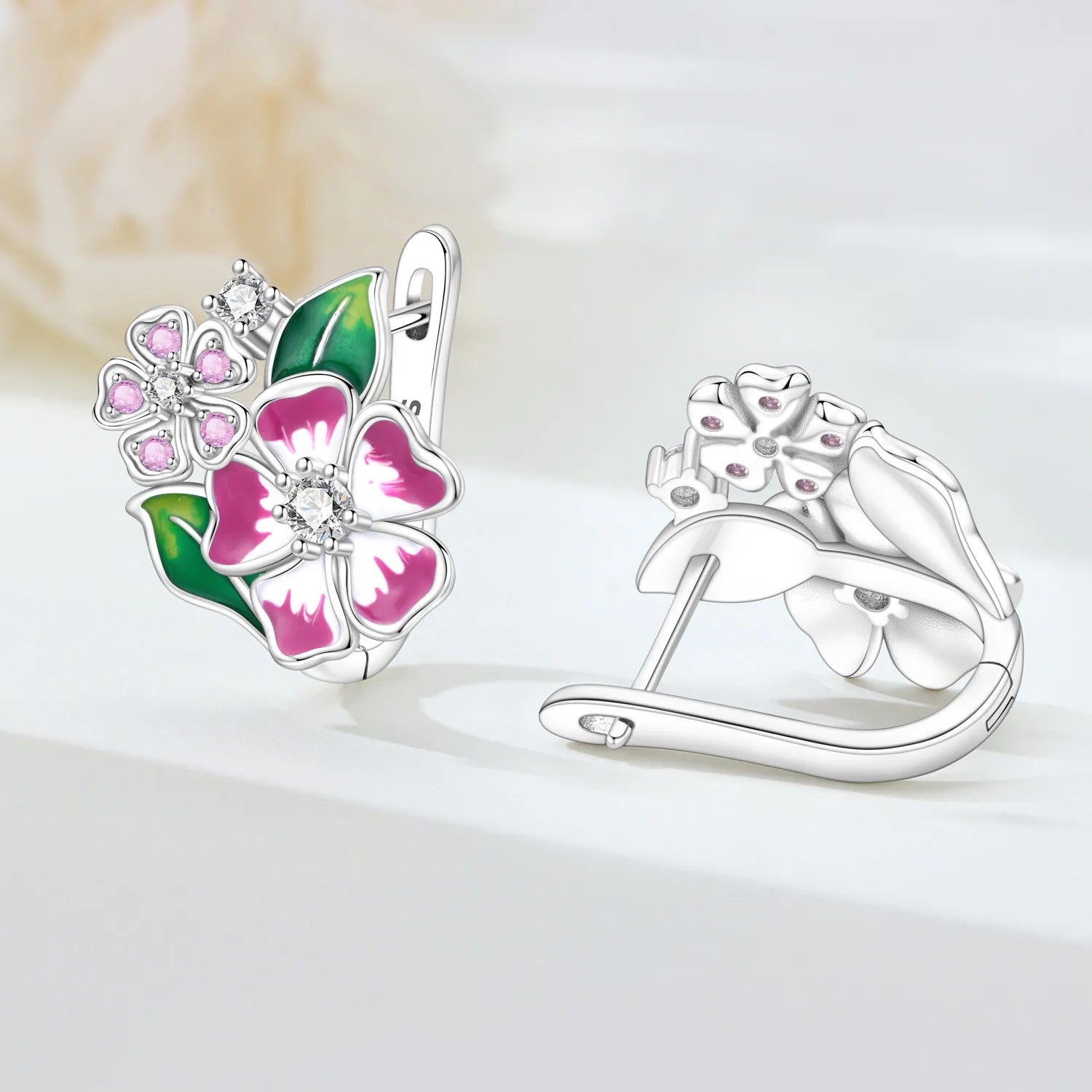 PANPOKI S925 Sterling Silver Pink Cherry Blossom Flower Earrings Versatile Hoop Earrings For Women Jewelry Original Party Gifts