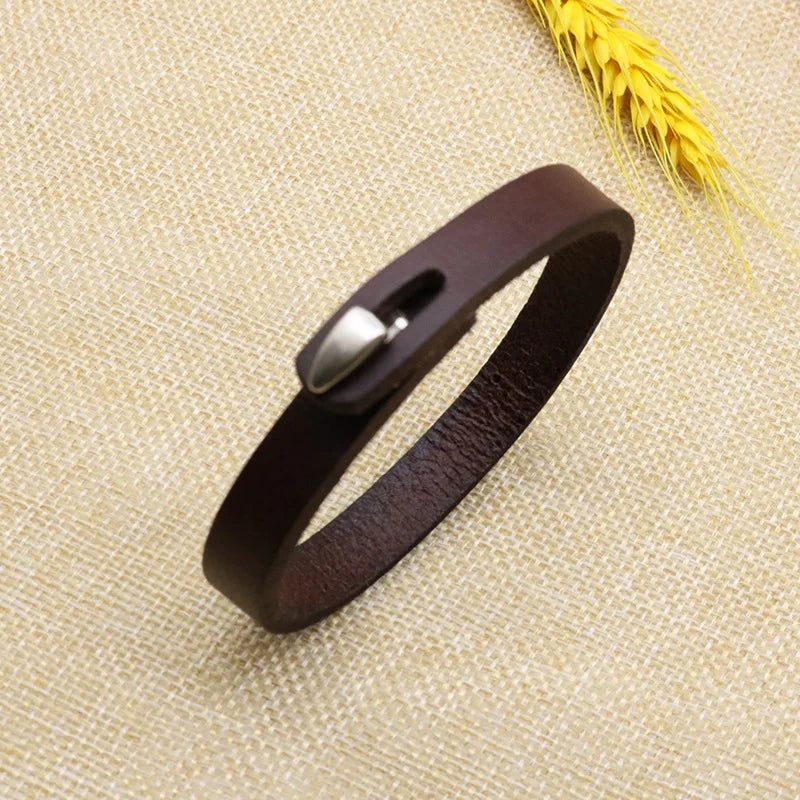 MKENDN Punk Vintage Black Brown Real Genuine Cow 11mm Wide Leather Charm Unisex Hook Buckle Bracelet Bangle Men Women Jewelry