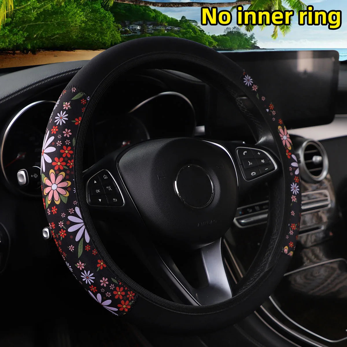 Cherry blossom chrysanthemum check spider web diving fabric printed car without inner ring steering wheel cover 38CM women's - Madeinsea©
