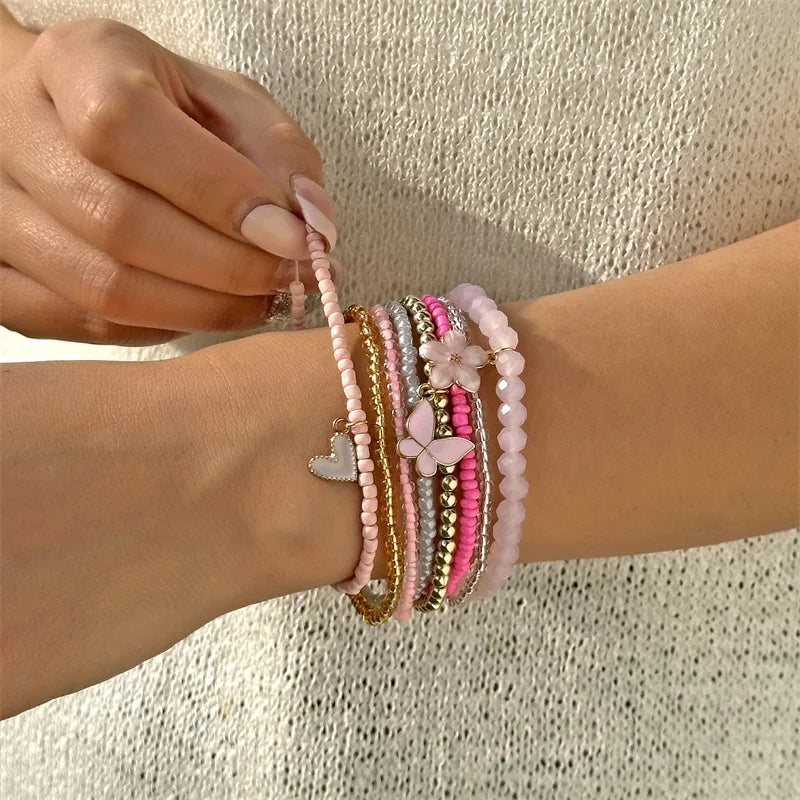 9pcs/set Bohemian Butterfly Flower Pendant Bracelet for Women Handmade Rice Beads Stacked Bracelet Summer Beach Party Jewelry - Madeinsea©