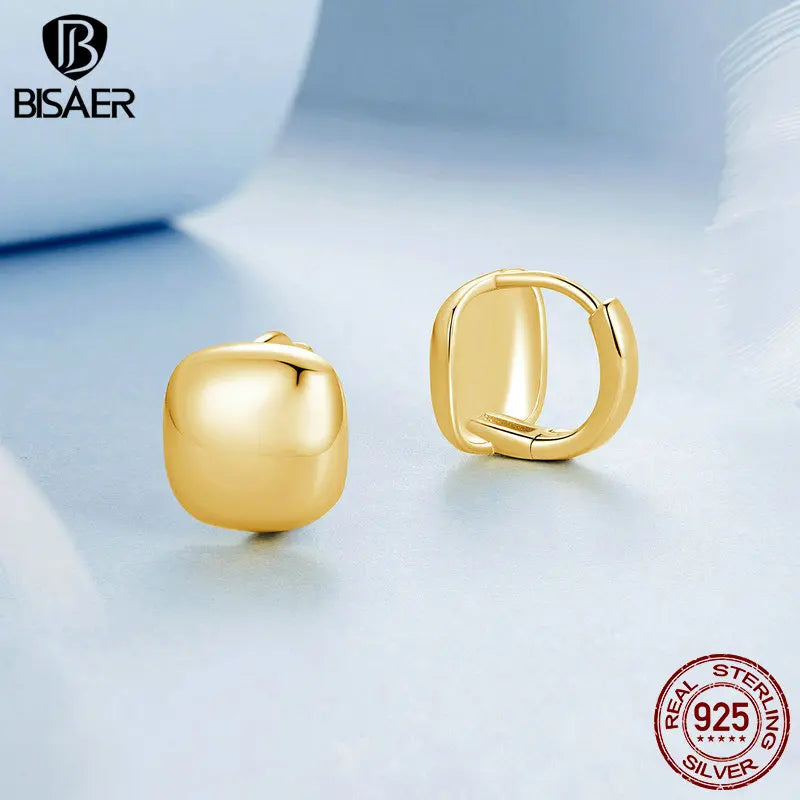 BISAER Real 925 Sterling Silver Chunky Square Hoop Earrings Metal Hypoallergenic Earrings 18K Gold-Plated for Women Fine Jewelry