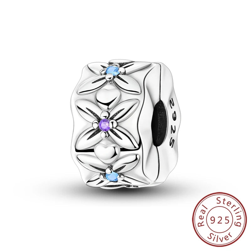 Charms 100% 925 Sterling Silver Flowers Colorful Zircon Silicone Spacer Beads Fit 3mm 925 Original Bracelets Fine DIY Jewelry
