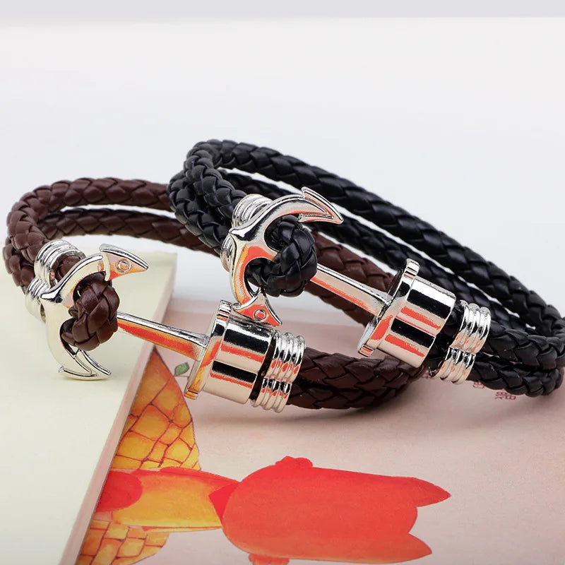 Fashion Alloy Anchor Bracelet Men Black Braided Cowhide Leather Rope Bracelets Wrap Punk Charm Jewelry SL054