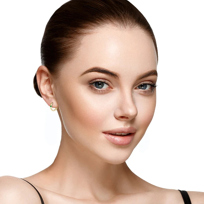 925 Sterling Silver 14K Gold Plated Elegant Ladies Hoop Earring 2.5mm Round Zambian Emerald Earrings for Women Jewelry Gift