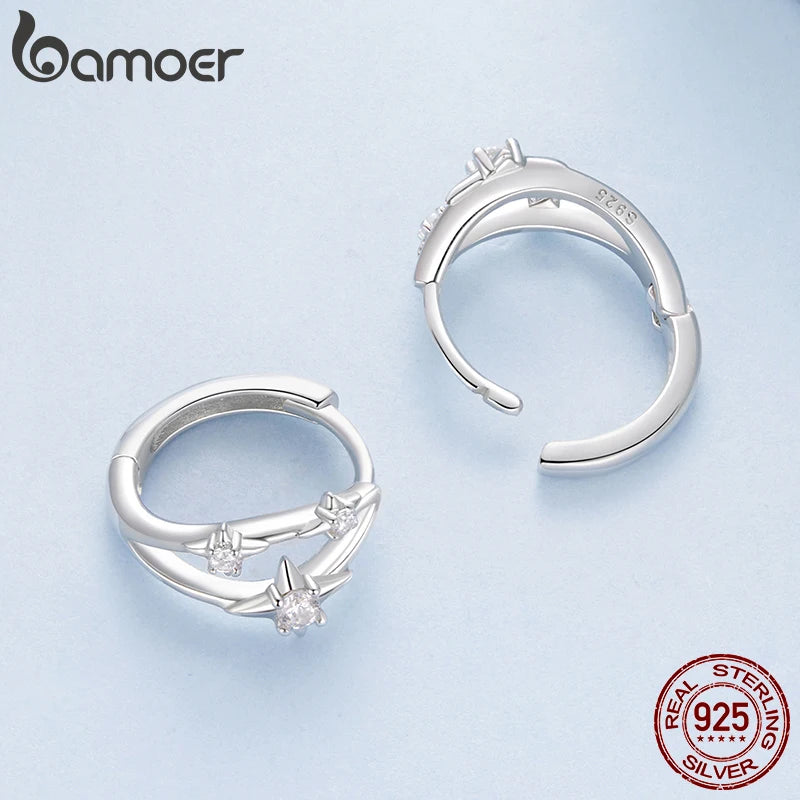 BAMOER Solid 925 Sterling Silver Stars Hoop Earrings for Women Teens Double Layer CZ Huggie Earrings Hypoallergenic Jewelry