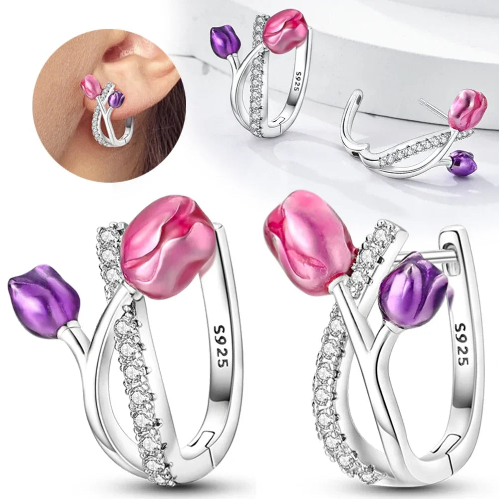 925 Sterling Silver Earrings Women Jewelry Butterfly Flower Pink Flowers Zircon Hoop Ear Studs Sparkling Earring Wedding Gift