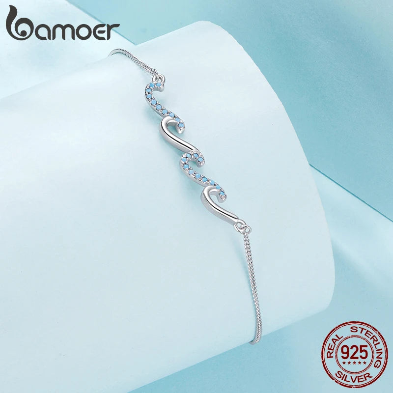 BAMOER 925 Sterling Silver Blue Sea Wave Charm Anklet for Women, Gold Plated Beach Jewelry Trendy Best Friend Gift