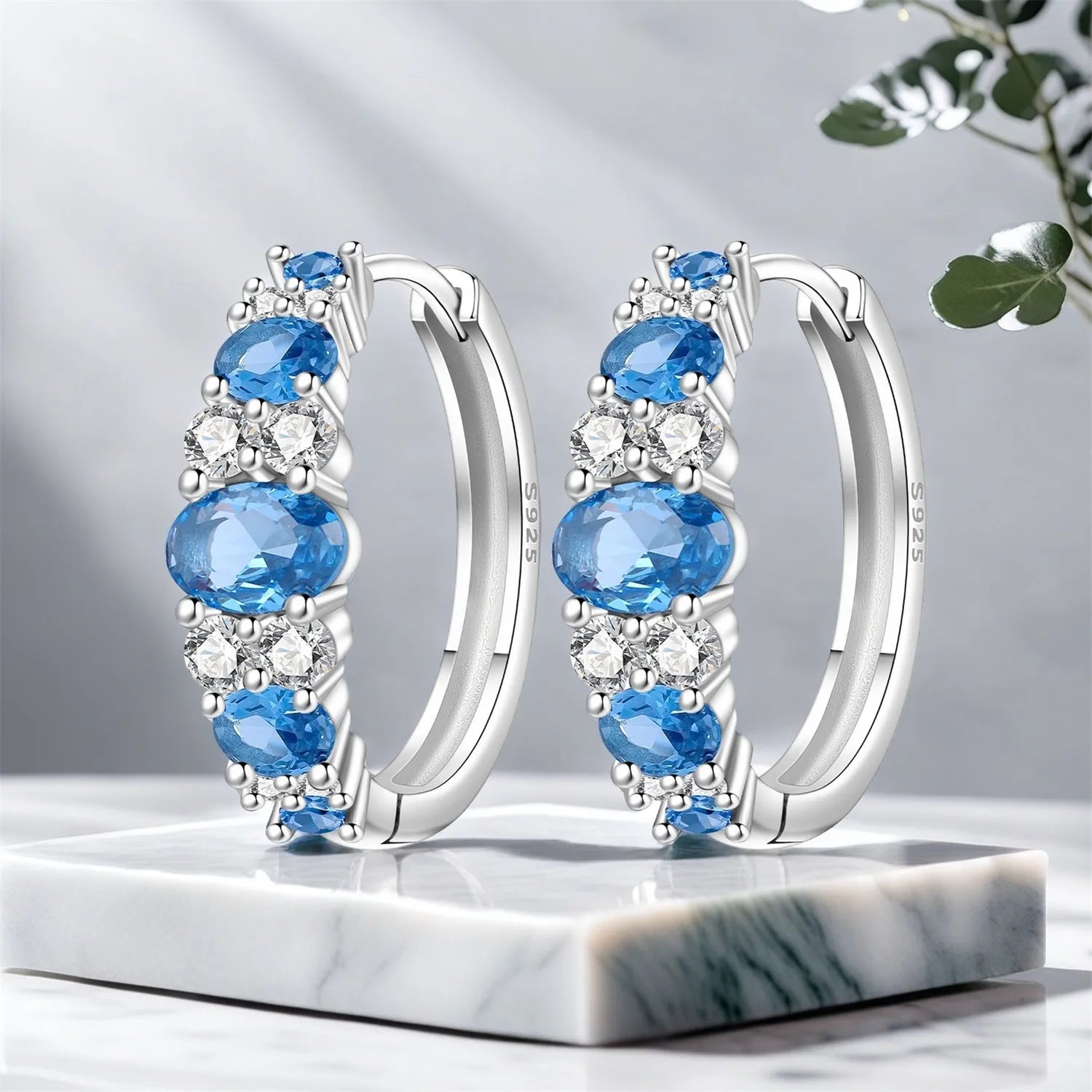 PANPOKI Original 925 Sterling Silver Blue Gradient Zircon Earrings Women Hoop Earring Anniversary Jewelry Trendy Gifts