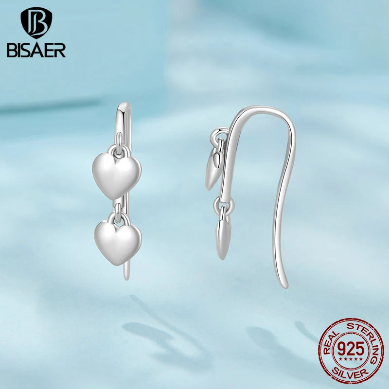 BISAER 925 Sterling Silver Heart Tassel Hook Earrings Metal Texture Earrings Hypoallergenic for Women Party Fine Jewelry Gift