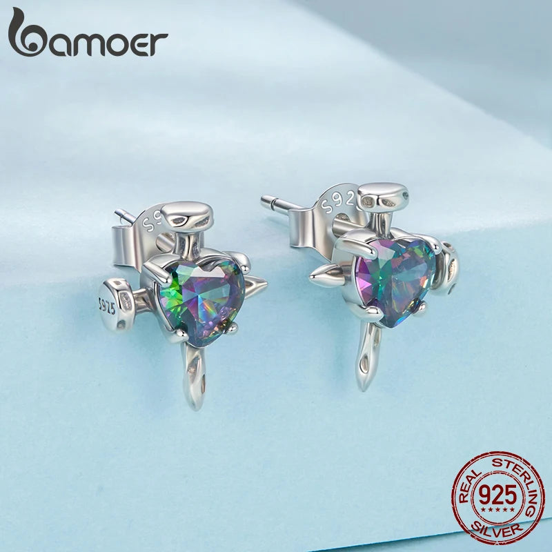 BAMOER 925 Sterling Silver Retro Cross Stud Earrings Transparent Glass Heart Earrings Screws Shape Punk Girl Women Birthday Gift