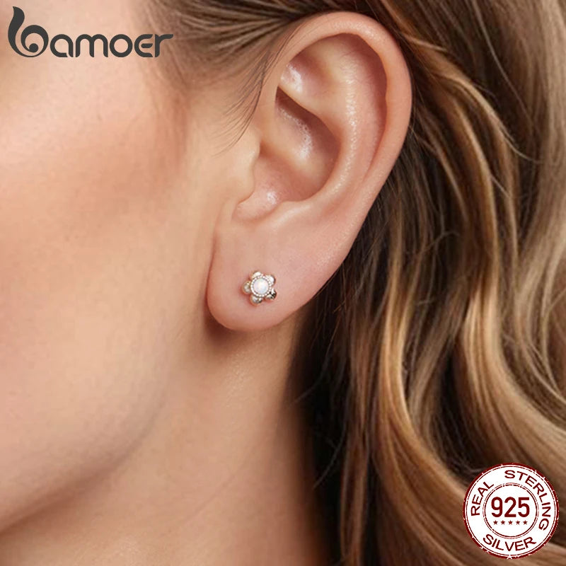 BAMOER Solid 925 Sterling Silver Opal Flower Stud Earrings for Women Teens Hypoallergenic Small Cute Dainty Stud Earrings