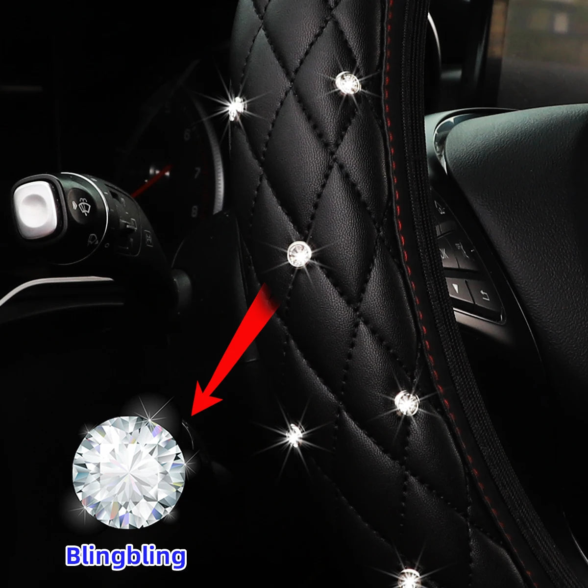 1 PU leather embroidered stereo diamond-encrusted Blingbling car steering wheel cover for 14.5-15 inch automotive supplies - Madeinsea©