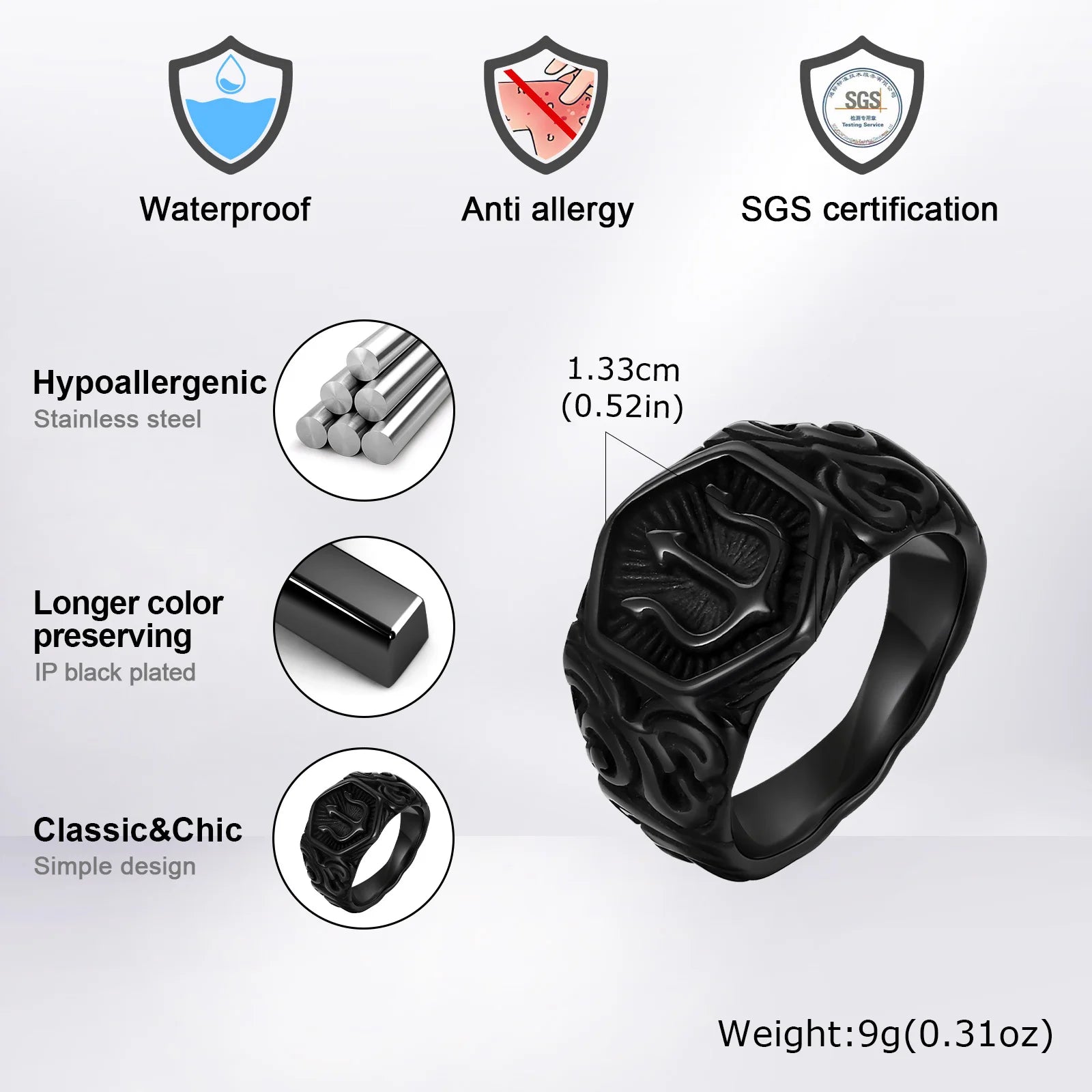 Vnox Black Tridant Signet Ring for Men, 13.3mm Chunky Wide Hexagon Geometric Top Finger Band, Strength Power Symbol Jewelry - Madeinsea©