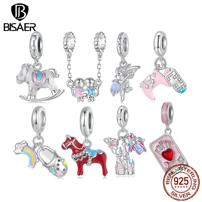 BISAER 925 Sterling Silver Pink FireworkAs Castle Pendant Game Consoles Suitable Charm Bead Fit Women DIY Bracelet Fine Jewelry