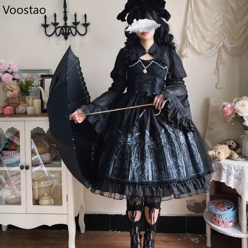Japanese Gothic Lolita Dress Women Victorian Dark Print Long Sleeve Mesh Shawl Dress Girls Harajuku Y2K Punk Tea Party Dresses